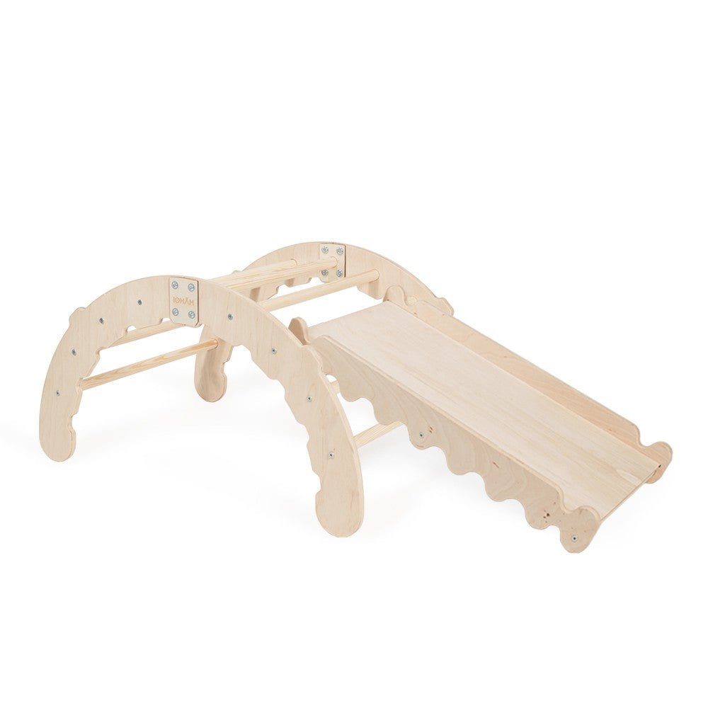 Klätterbåge 2 - i - 1 med rutschkana – Montessori klätterställning & gungbräda i trä (9 mån–3 år) - Lilla Nord