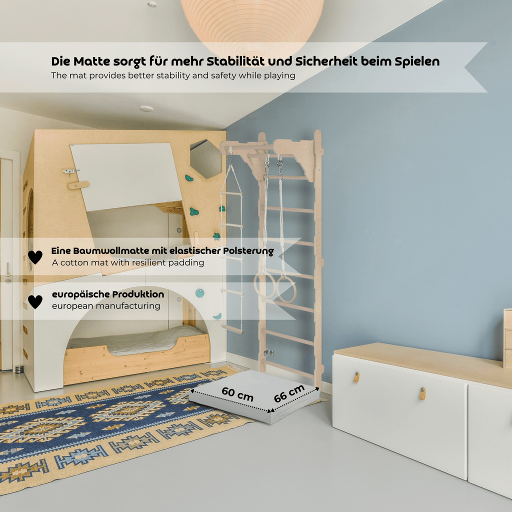 ribbstol för barn 210 cm – klättervägg i trä med ringar, repstege och skyddsmatta (100% ECO) - Lilla Nord