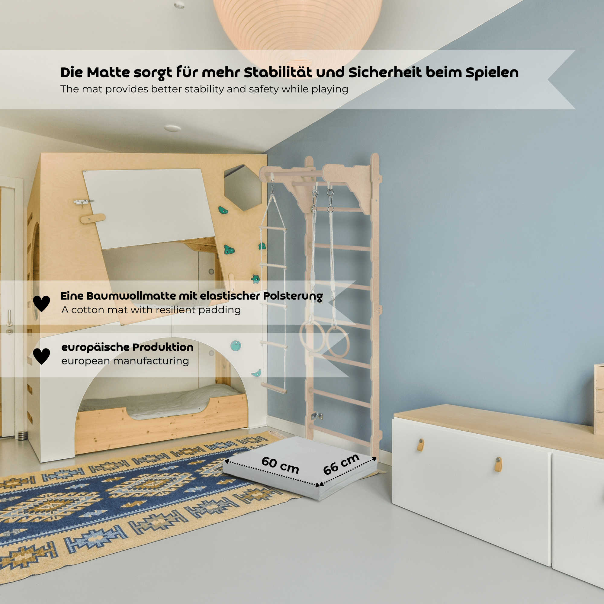 ribbstol för barn 210 cm – klättervägg i trä med ringar, repstege och skyddsmatta (100% ECO) - Lilla Nord