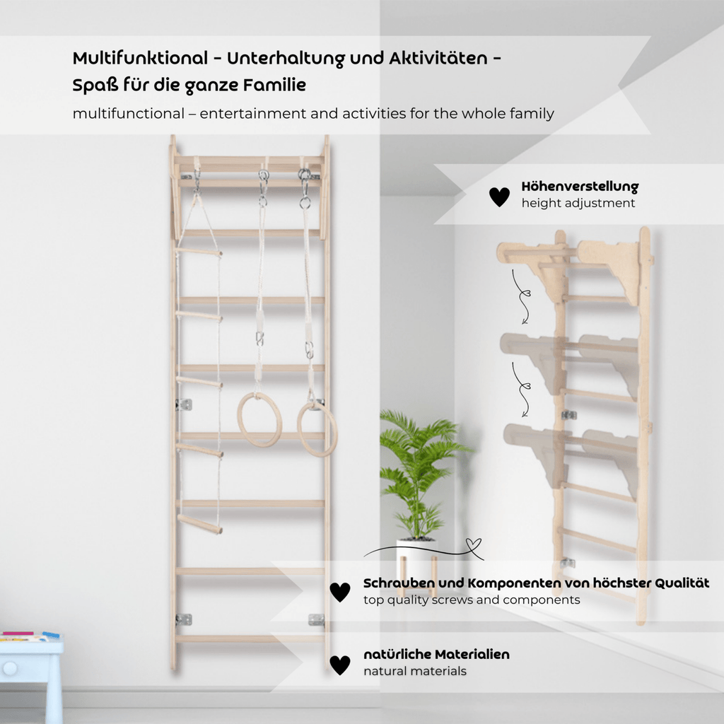 ribbstol för barn 210 cm – klättervägg i trä med ringar, repstege och skyddsmatta (100% ECO) - Lilla Nord