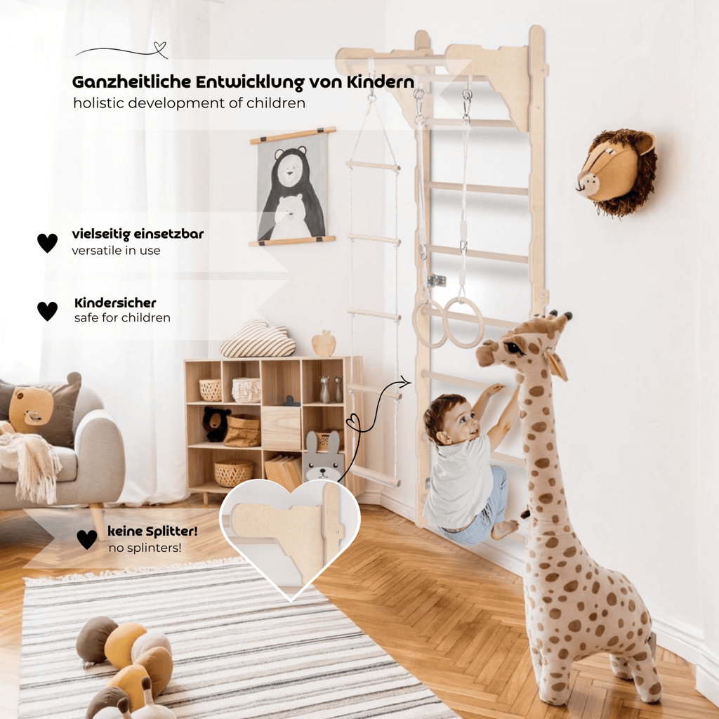 ribbstol för barn 210 cm – klättervägg i trä med ringar, repstege och skyddsmatta (100% ECO) - Lilla Nord