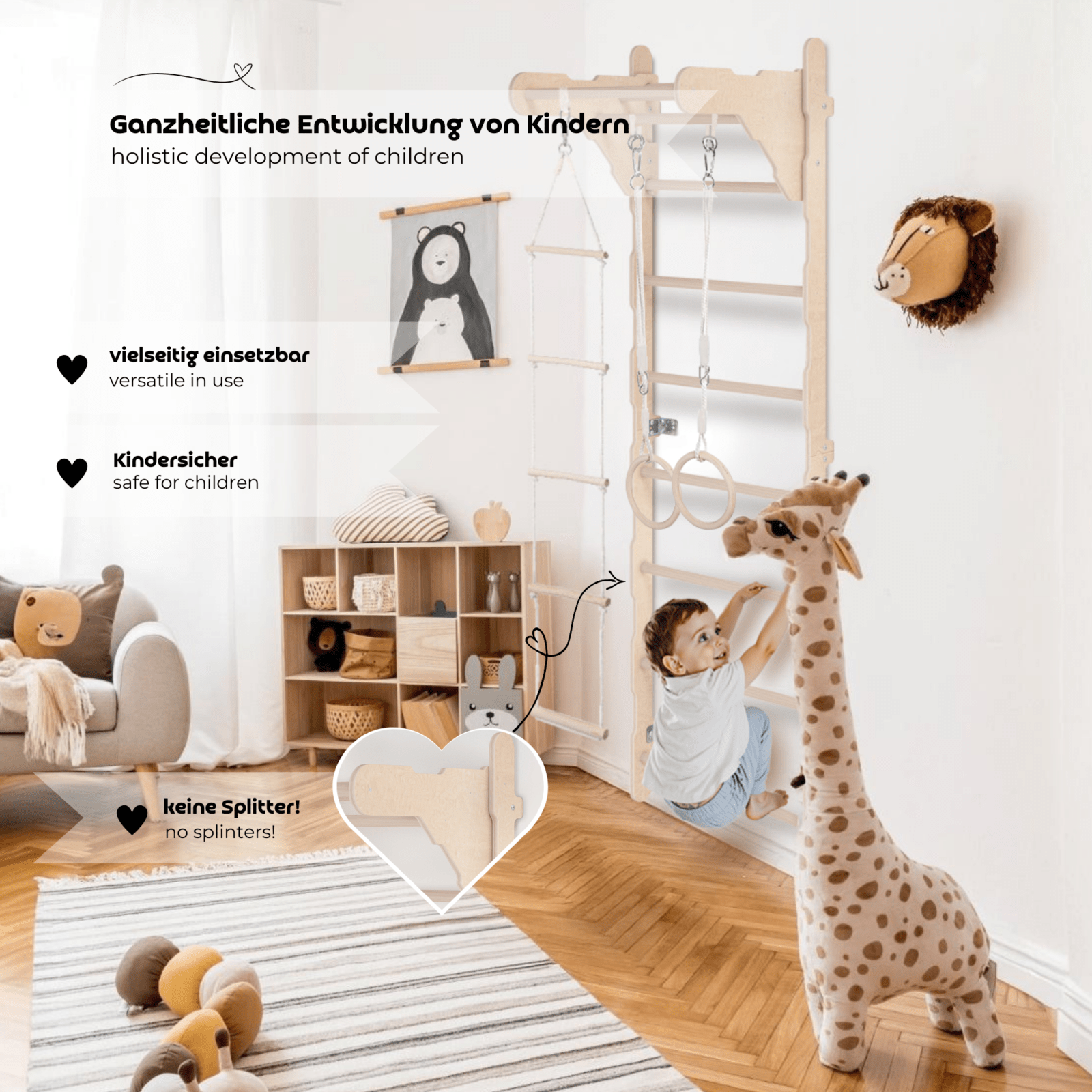 ribbstol för barn 210 cm – klättervägg i trä med ringar, repstege och skyddsmatta (100% ECO) - Lilla Nord