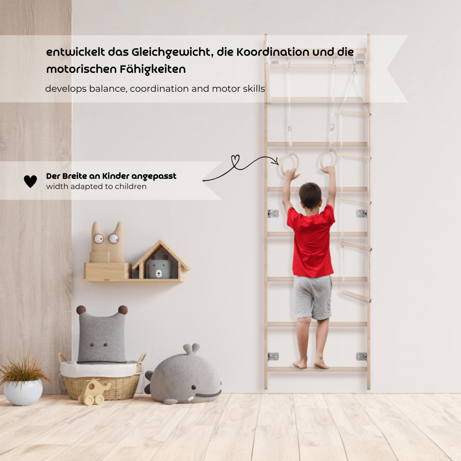 ribbstol för barn 210 cm – klättervägg i trä med ringar, repstege och skyddsmatta (100% ECO) - Lilla Nord