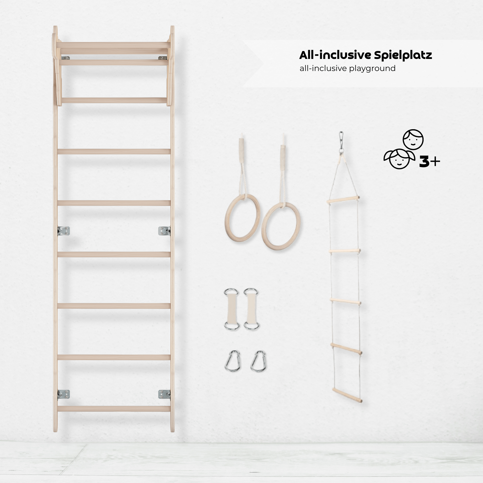 ribbstol för barn 210 cm – klättervägg i trä med ringar, repstege och skyddsmatta (100% ECO) - Lilla Nord